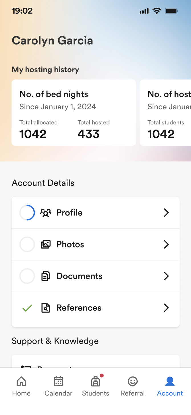 homestay app account screen