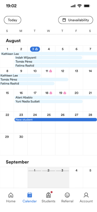 homestay app calendar screen